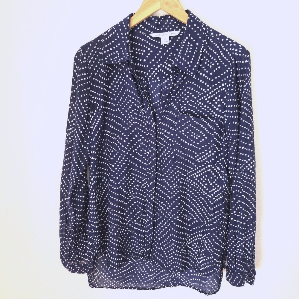Diane von Furstenberg Navy White Dot Silk Button Down Blouse Size 10